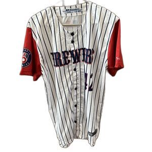 Boombah #42 White Short Sleeve Button Front Jersey Brewers Logo M Beckham Stripe